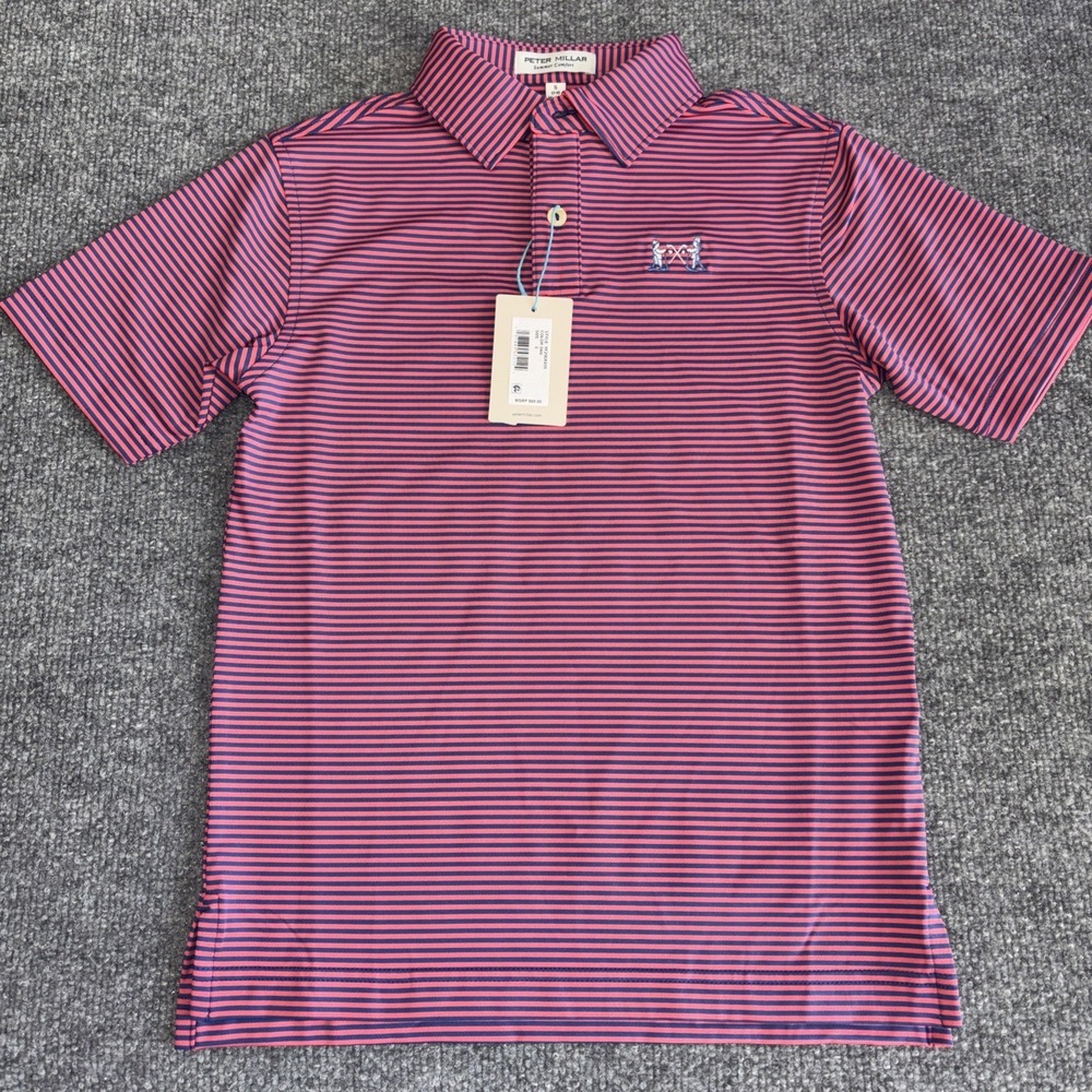 Peter Millar Youth S 7-8 Summer Comfort Polo Shirt Pink Navy Stripe YF25EK03S